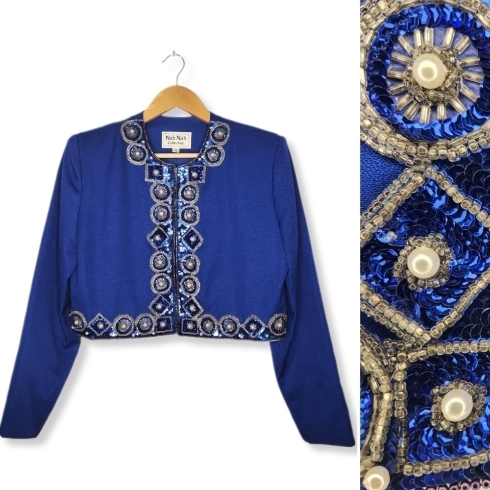Vintage 80s Beaded Sequin Royal Blue Cropped Evening Suit Blazer Jacket Size 12